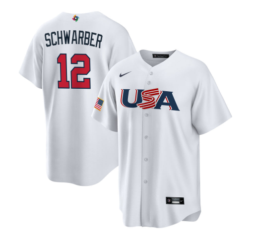 Men's USA Baseball #12 Kyle Schwarber 2023 White World Baseball Classic Stitched Jersey